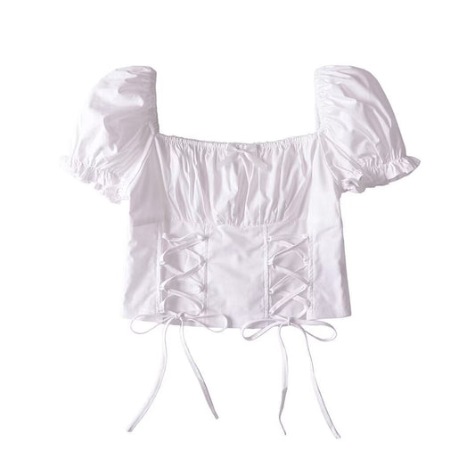 Women Tops Summer Vintage Court Style Puff Sleeve Square Collar Lace up Shirt