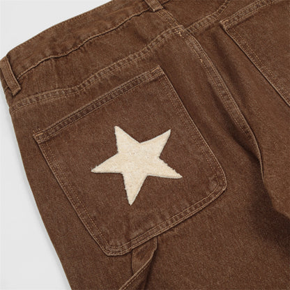 Men Jeans Retro Five-Pointed Star Embroidery Loose Casual