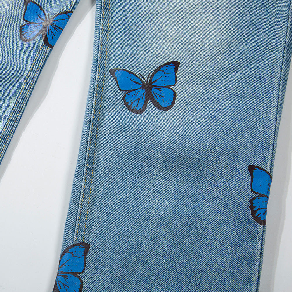 Men Jeans Butterfly Print Loose Trendy Casual