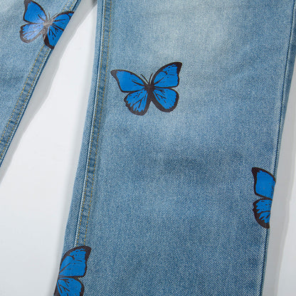 Men Jeans Butterfly Print Loose Trendy Casual
