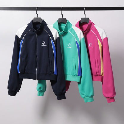 Women Jackets Color Stitching Stand-Collar Zipper Vintage