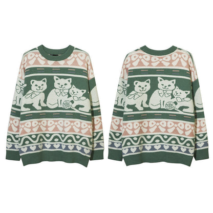 Women Sweater Contrasting Color Jacquard Special-Interest Design Loose Hole