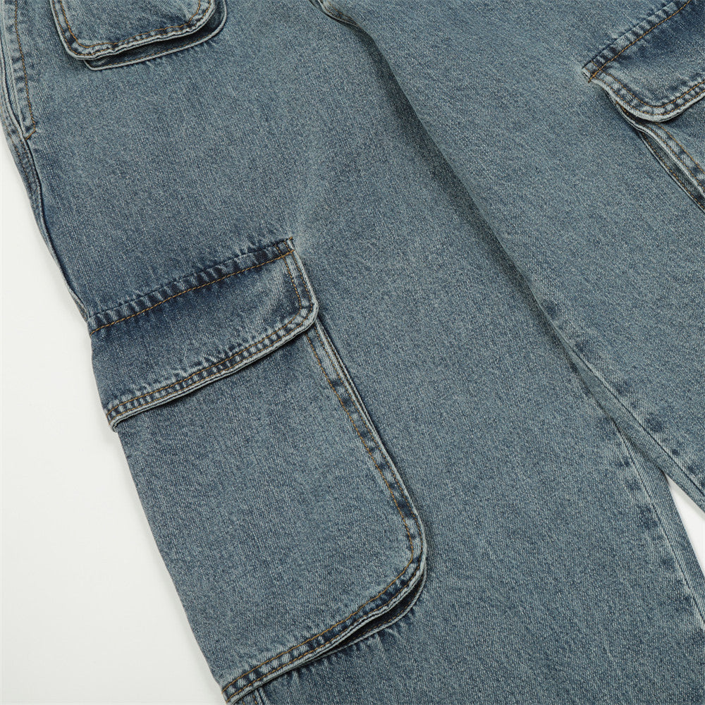 Men Jeans Solid Color Multi-Pocket Workwear Loose