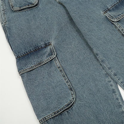 Men Jeans Solid Color Multi-Pocket Workwear Loose
