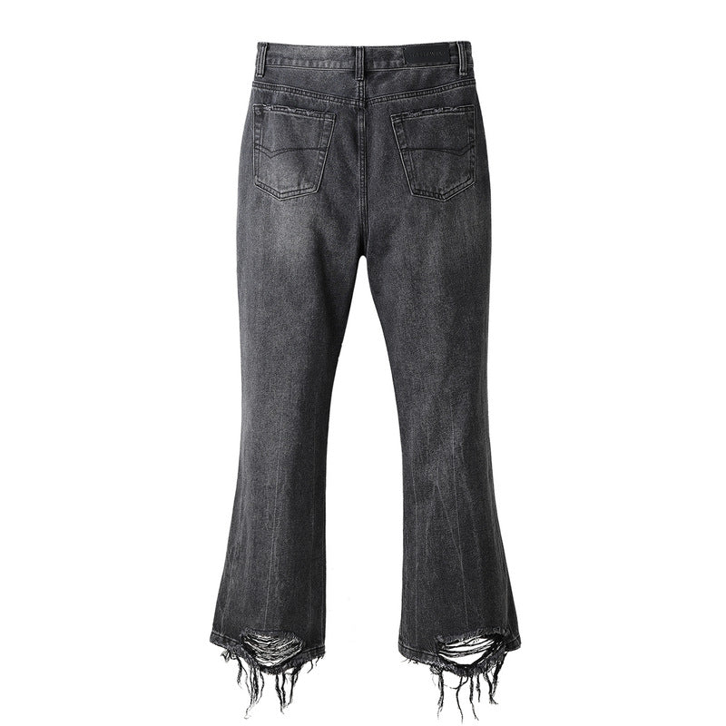 Men Jeans Retro Bell-Bottom Pants Cat Beard Washed Loose Jeans