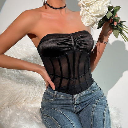 Women Party Tops Mesh Backless Pleated Rhombus Fishbone Top