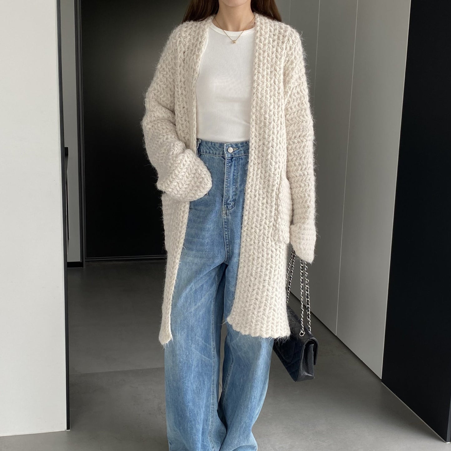 Women Cardigan Sweater Autumn and Winter Loose Pocket Texture Interwoven Long Cardigan Jacket Kc81