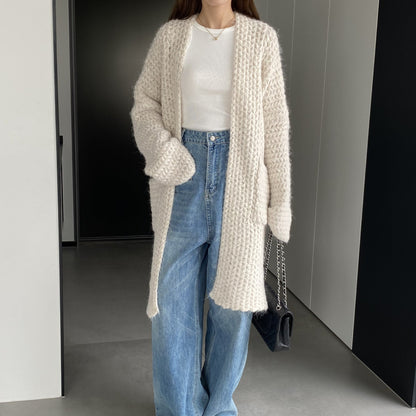 Women Cardigan Sweater Autumn and Winter Loose Pocket Texture Interwoven Long Cardigan Jacket Kc81