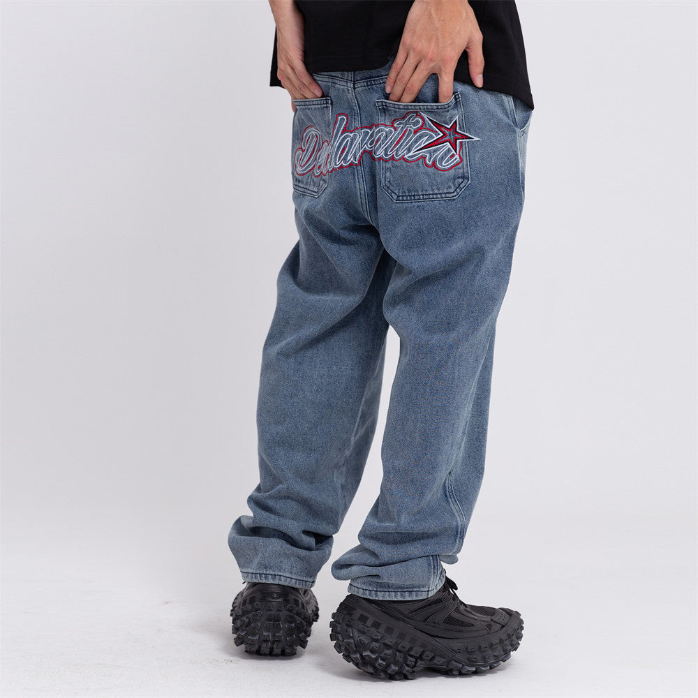 Men Jeans Embroidery Pants Loose Wide Leg Leisure