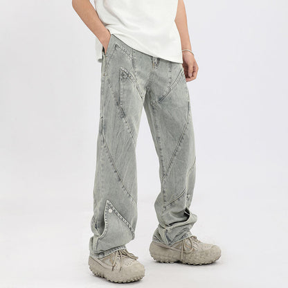 Men Jeans Vintage Distressed Straight-Leg Denim Pants Straight-Leg Denim Trousers