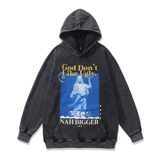 Men Hoodie Vintage Dark Angel Print Washed Distressed Men's and Women's Loose Hooded Sweater