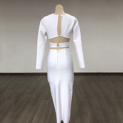 Women Evening Dress V-neck Bandage Dress Long Sleeve Simple Hollow Dress