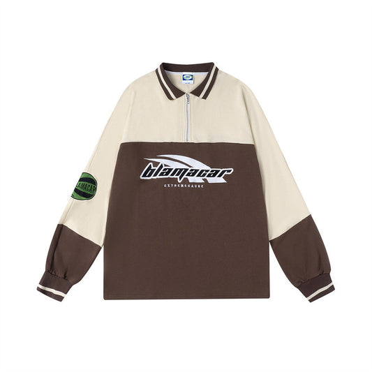Men Long Sleeve T-Shirt Sports Stitching Half Zipper Polo Shirt Racing