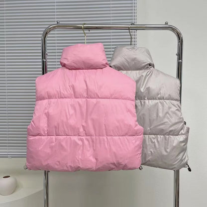 Women Cotton Coat Thickened Solid Color Zipped Stand Collar Vest