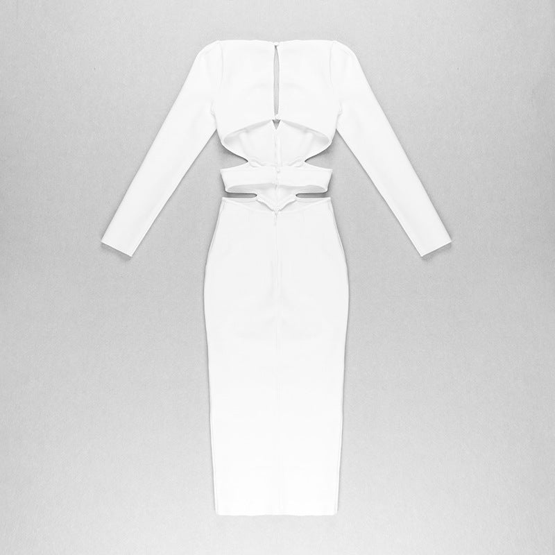 Women Evening Dress V-neck Bandage Dress Long Sleeve Simple Hollow Dress