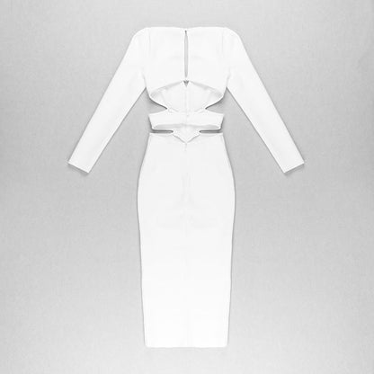 Women Evening Dress V-neck Bandage Dress Long Sleeve Simple Hollow Dress