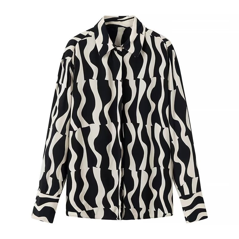 Women Tops Summer Wave Pattern Shirt Single-Breasted Mid-Length Top