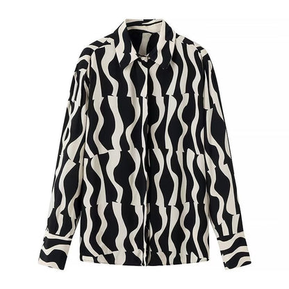 Women Tops Summer Wave Pattern Shirt Single-Breasted Mid-Length Top