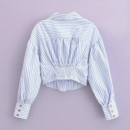 Women Tops Summer Stripes Cropped Shirt Lapel Single Breasted Cropped Top