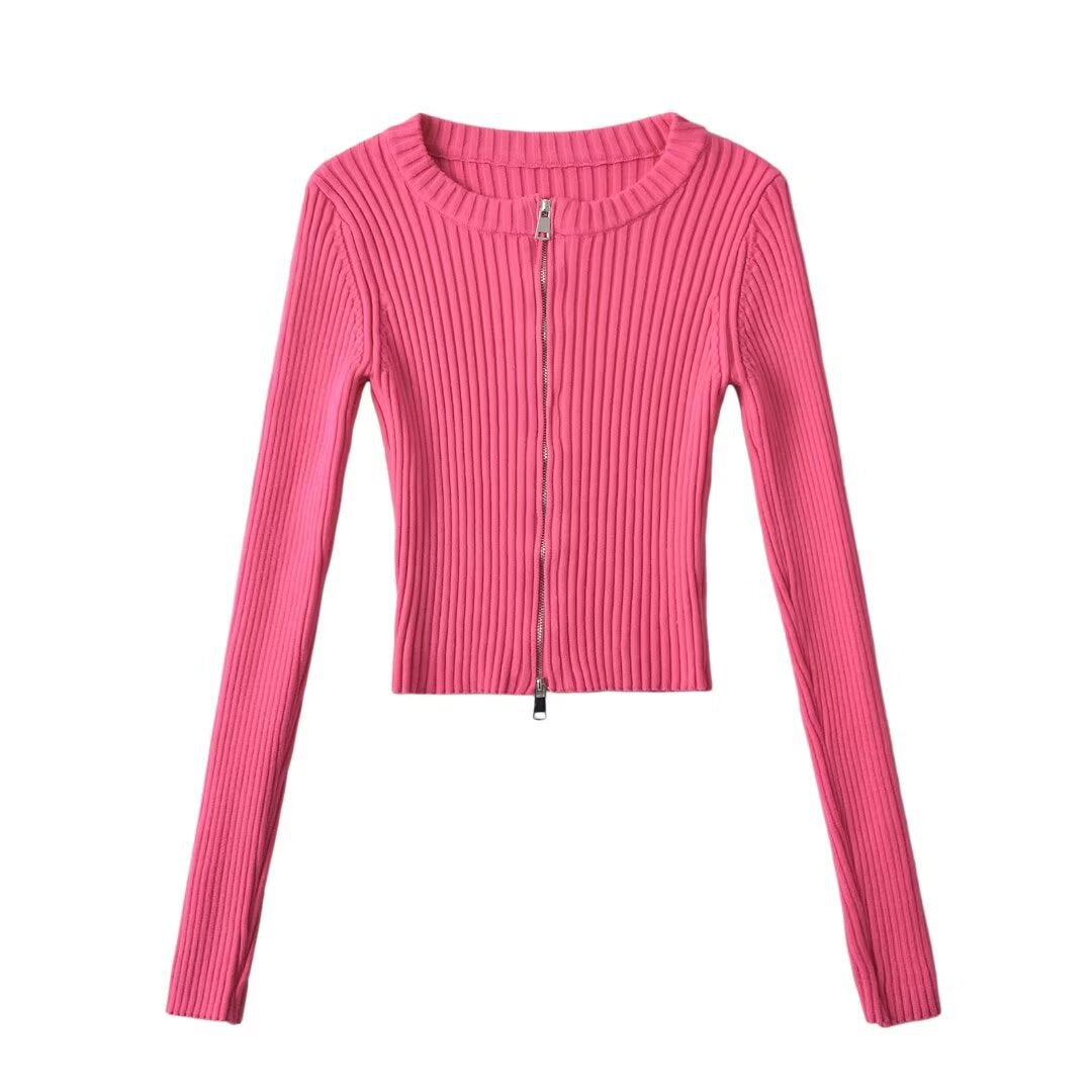 Women Tops Spring/Summer Double Zipper Knitted Cardigan Short Top