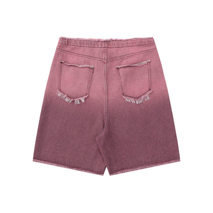 Men Shorts Tie-Dye Gradient Denim Loose Raw Hem