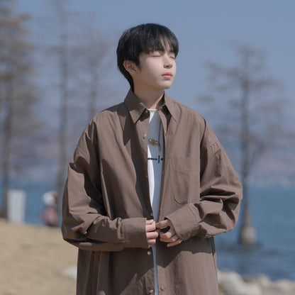 Men Shirts Solid Color Loose Long Sleeves Coat