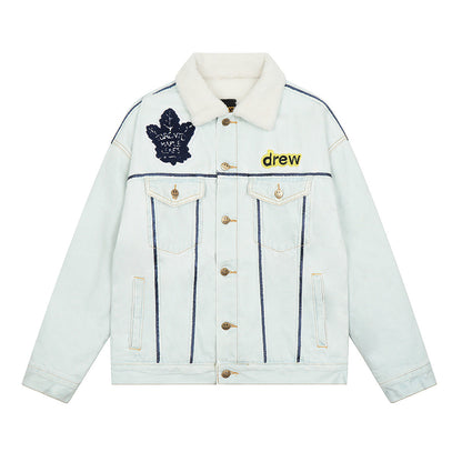 Unisex Denim Jacket Drew Bear Lapel Fleece Fleece Denim Jacket