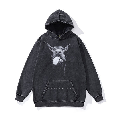 Men Hoodie Doberman Pinscher Printed Heavy Distressed Hooded Sweater