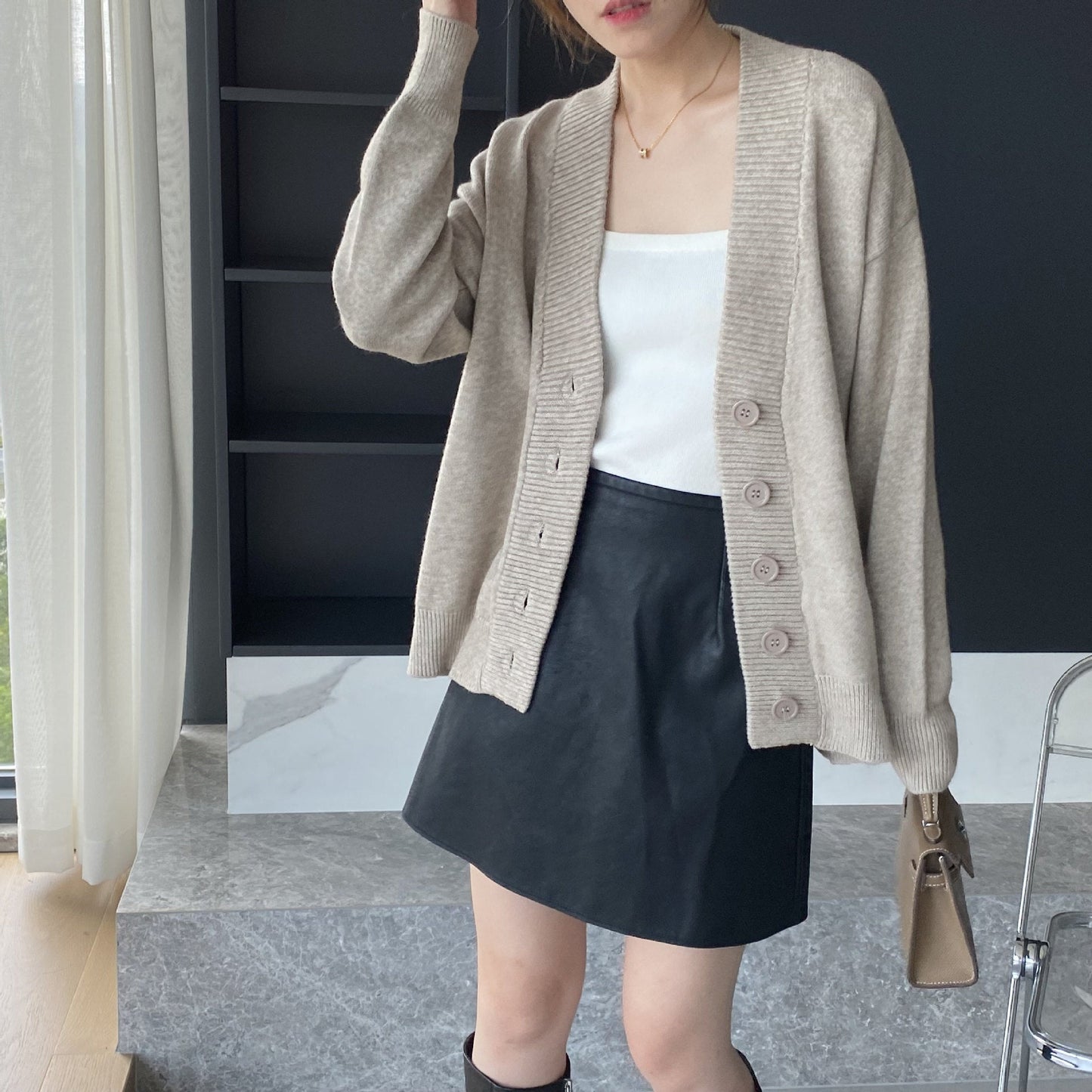 Women Cardigan Sweater Cardigan Single-Breasted V-neck Mid-Length Knitted Jacket 8t8278
