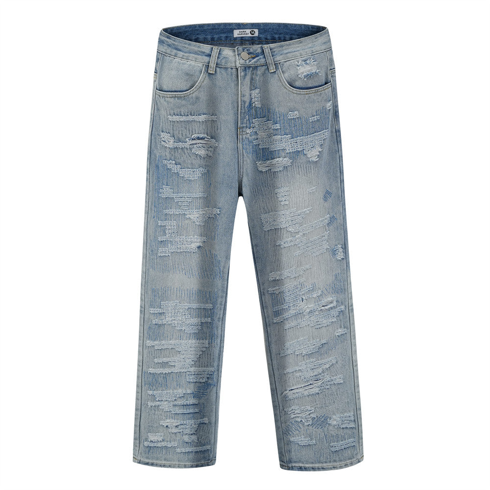 Men Jeans Ripped Distressed Ripped Cool Loose