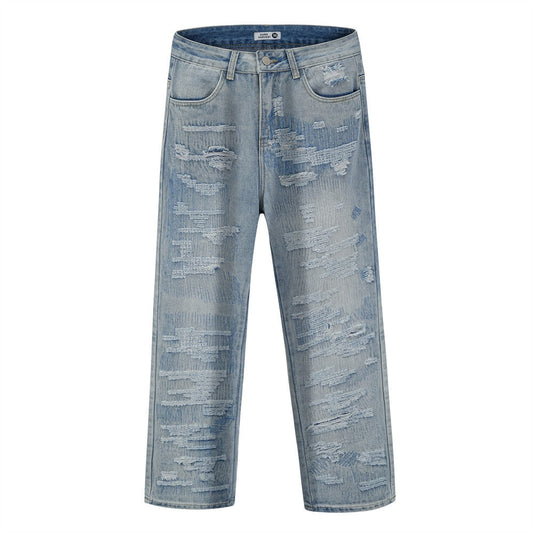 Men Jeans Ripped Distressed Ripped Cool Loose