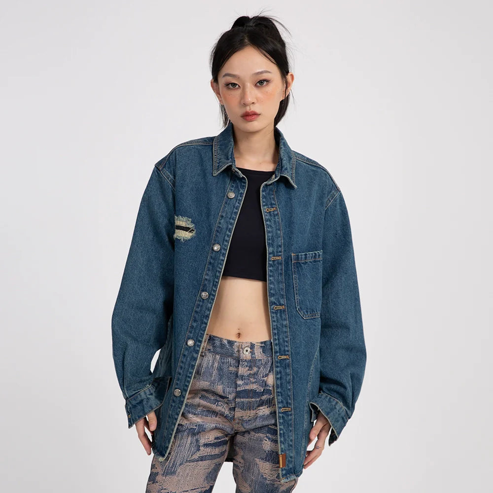 Men Jacket Coat Ripped Denim Jacket Embroidered Workwear Jacket