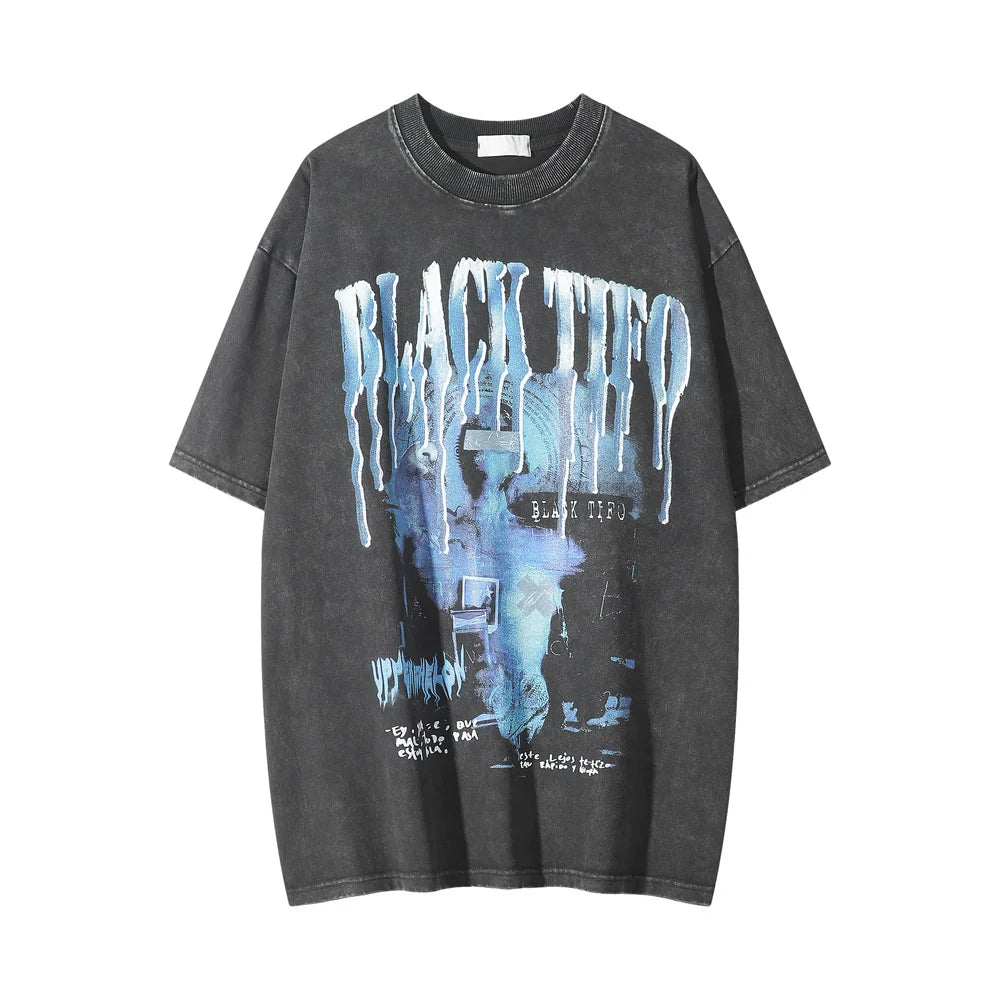 Men Vintage T-Shirt Printed Short-Sleeved T-shirt Men's Leisure Washed-out Distressed round Neck