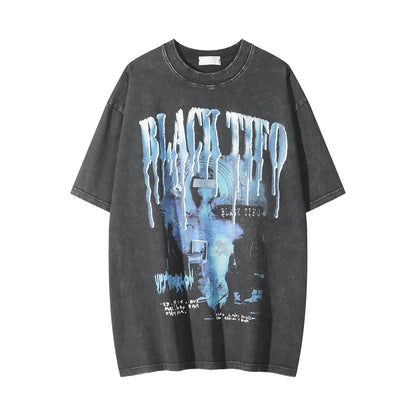 Men Vintage T-Shirt Printed Short-Sleeved T-shirt Men's Leisure Washed-out Distressed round Neck