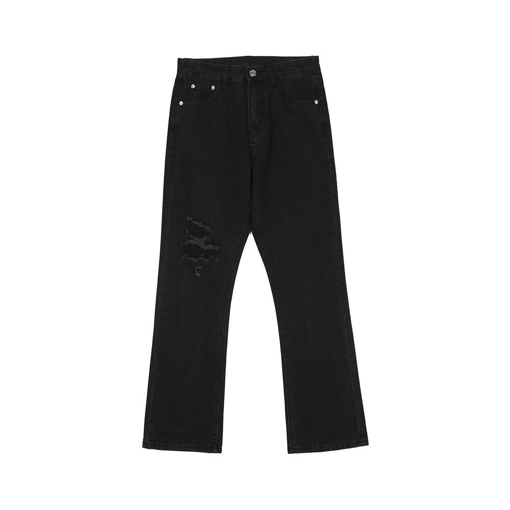 Men Jeans Solid Color Ripped Distressed Loose Trendy Slightly Flared