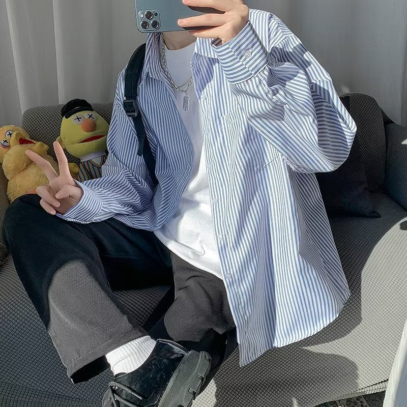 Men Shirts Blue and White Striped Casual Jacket