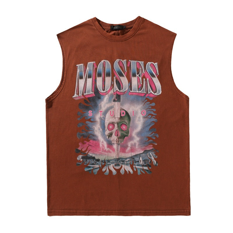Men Vest Vintage Skull Print round Neck Sleeveless Vest