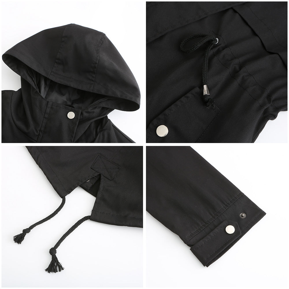 Women Trench Coat Mid-Length Hooded Jacket Long-Sleeved Raincoat