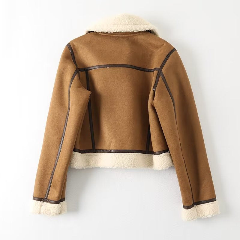 Women Cotton Coat Casual Polo Collar Leather Coat