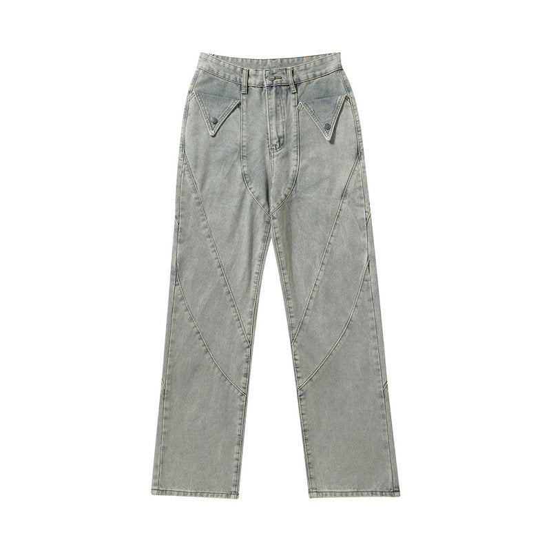 Men Jeans Straight-Leg Denim Trousers Washed and Worn Jeans
