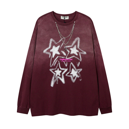 Men Long Sleeve T-Shirt Five-Pointed Star Printing Stylish Chain Decoration