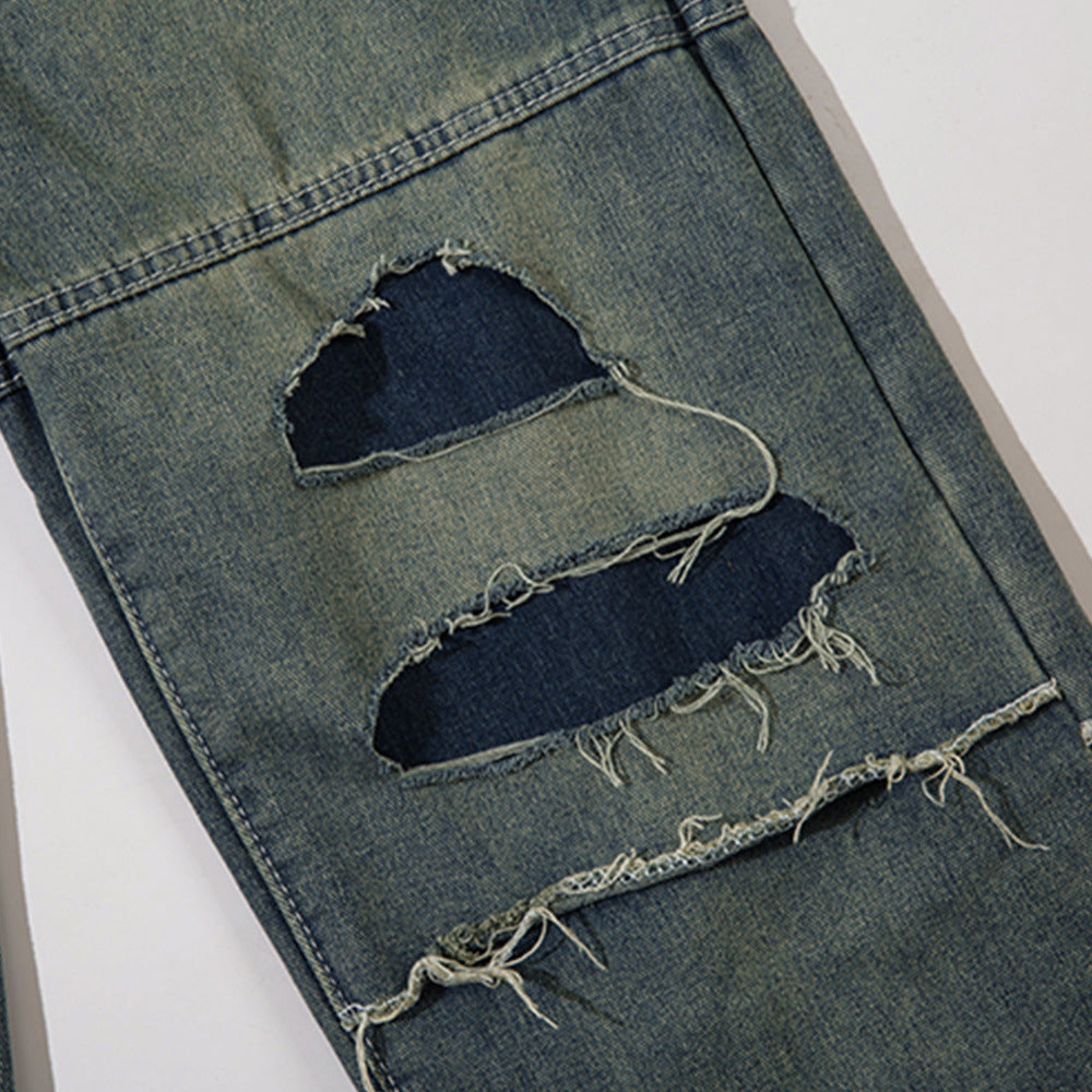 Women Pants Ripped Patchwork Straight Jeans