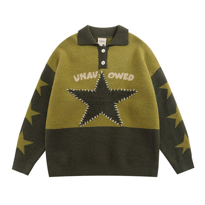 Women Sweater Vintage Preppy Style Polo Lapel Knitted Sweater