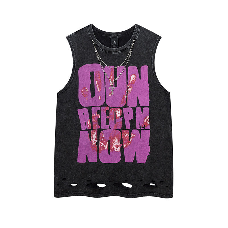 Men Vest Hip Hop Retro Graffiti Distressed Oversize Vest
