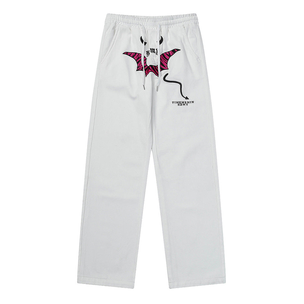 Men Sweatpants Personalized Embroidered Devil Horn Straight Casual Trousers Hip Hop Diagonal Cloth Jeans