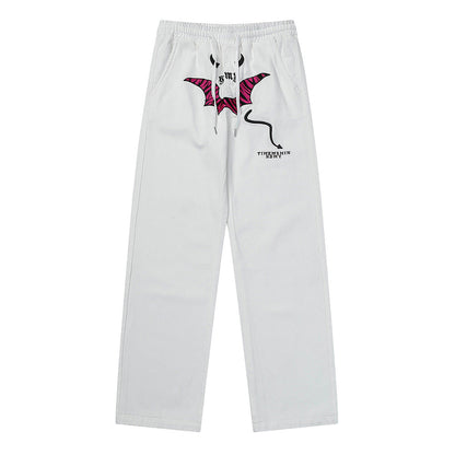 Men Sweatpants Personalized Embroidered Devil Horn Straight Casual Trousers Hip Hop Diagonal Cloth Jeans