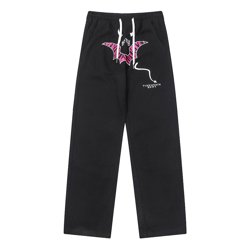 Men Sweatpants Personalized Embroidered Devil Horn Straight Casual Trousers Hip Hop Diagonal Cloth Jeans
