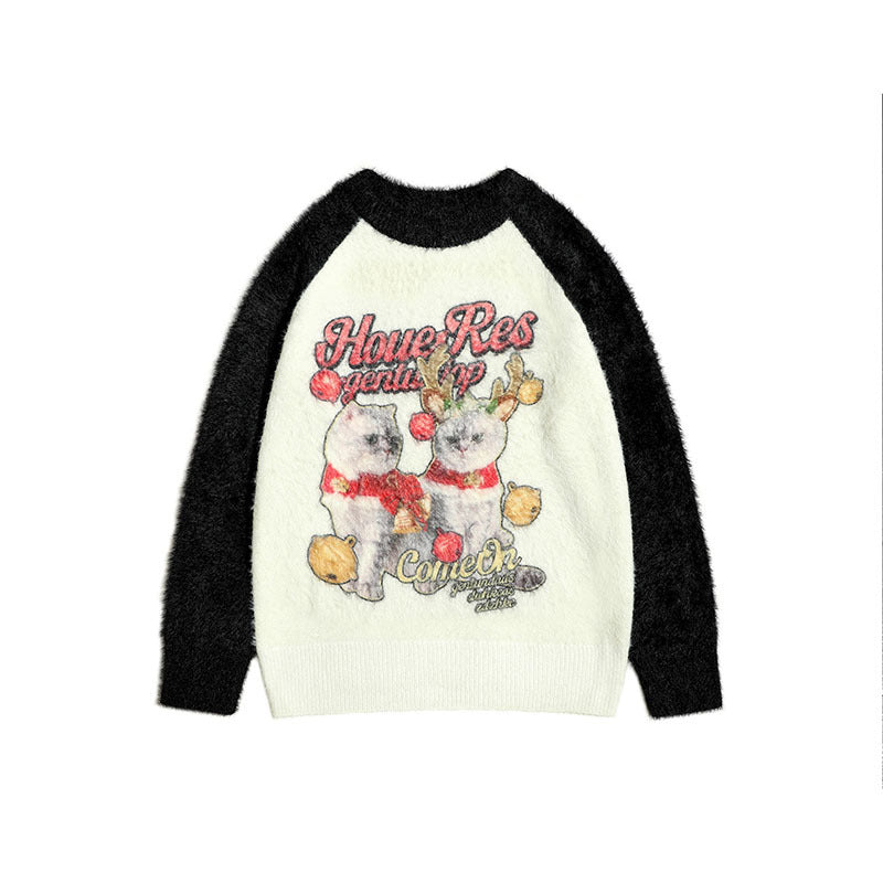 Women Sweater Color Matching Couple Sweater Retro Vibe Loose All-Match