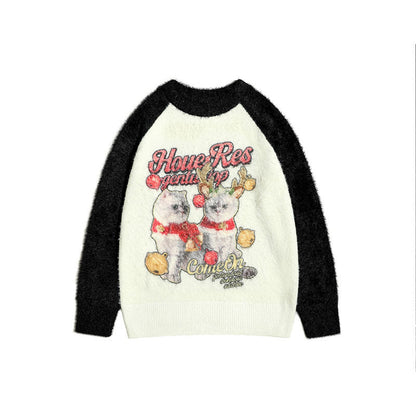 Women Sweater Color Matching Couple Sweater Retro Vibe Loose All-Match