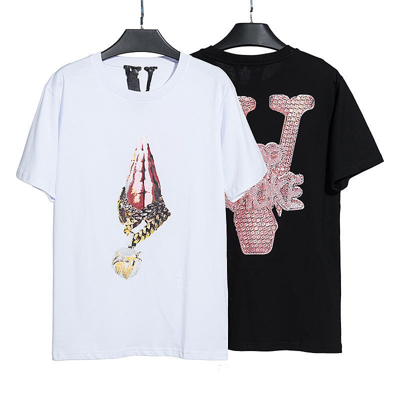 Vlone T Shirts Palm Necklace Large V Printed High Street Men's and Women's Short-Sleeved T-shirt